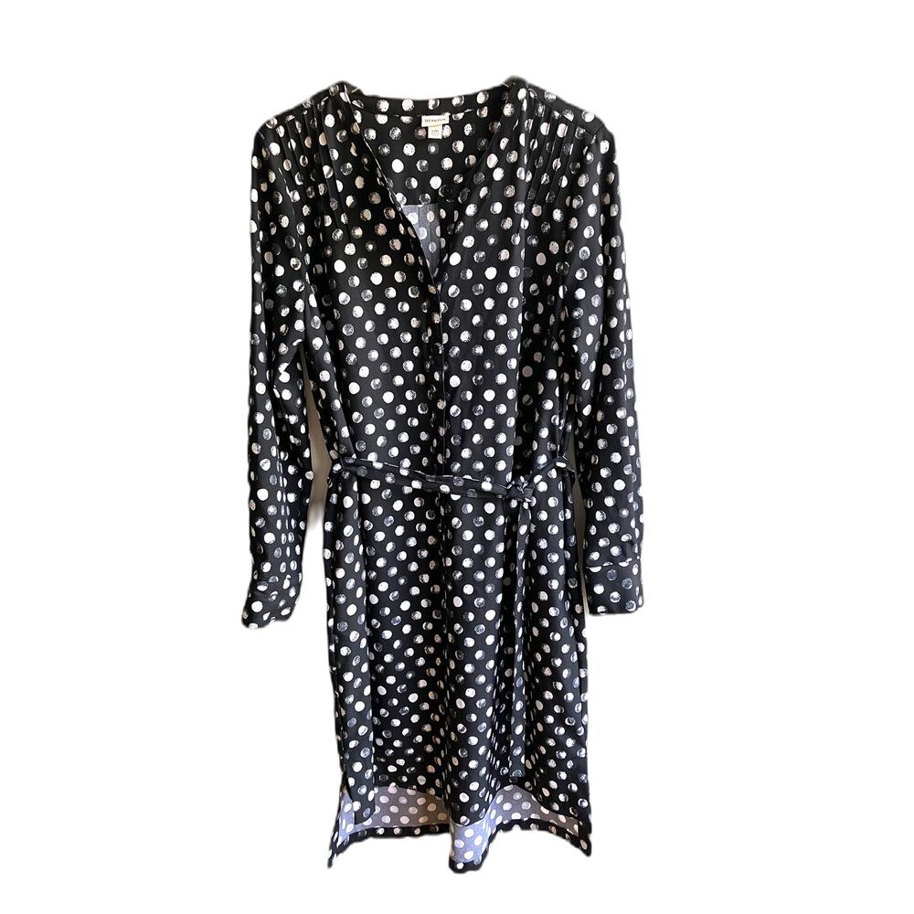 Merona Polka Dot Long Sleeve Shirtdress Size L Black White Button Front High Low